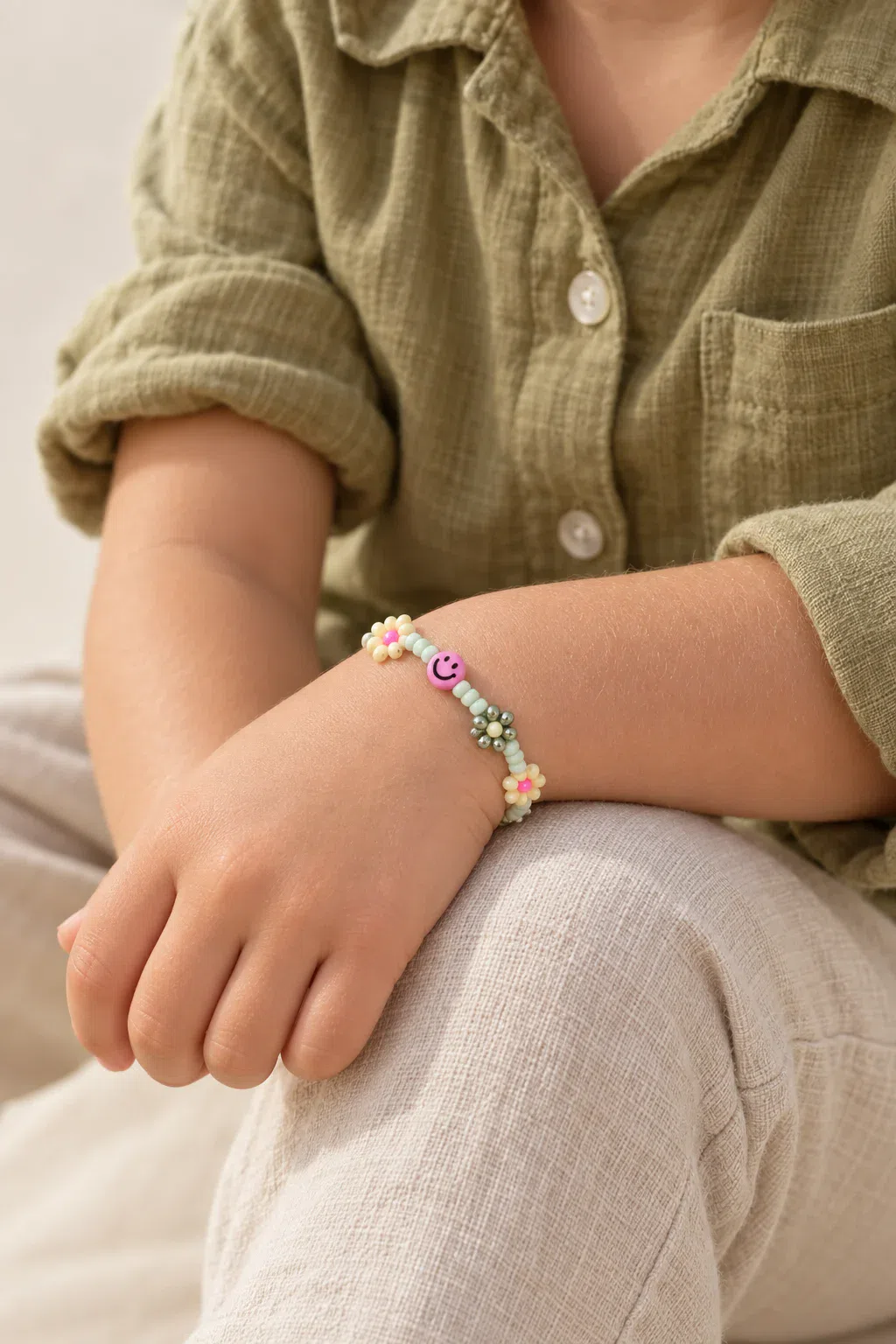 Bracelet | Daisy smiley fuchsia/mint T1