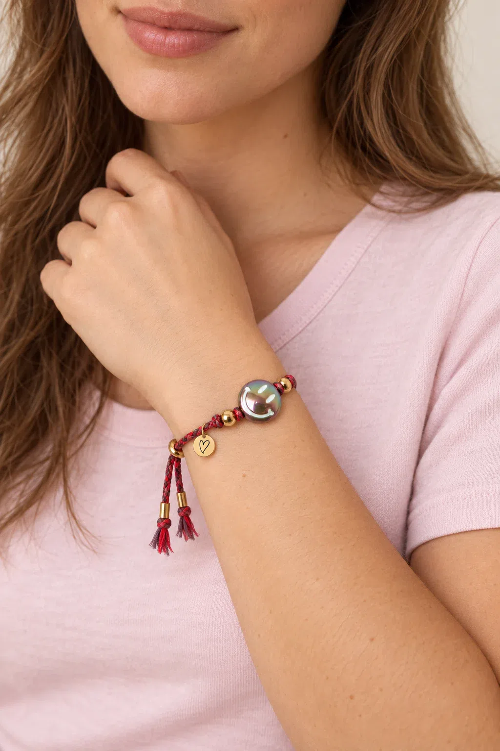 Bracelet | Happy smiley taupe red